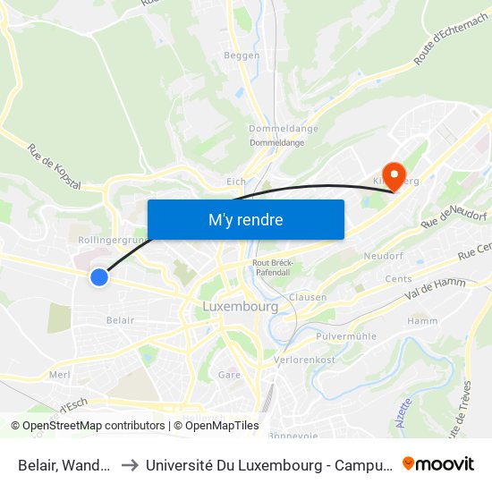 Belair, Wandmillen to Université Du Luxembourg - Campus Kirchberg map