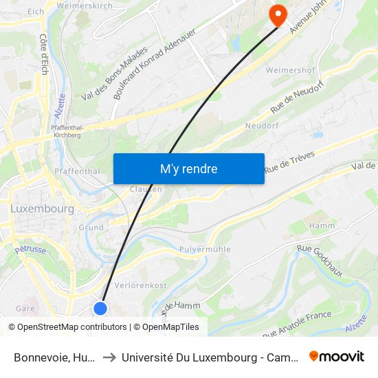 Bonnevoie, Huese Vic to Université Du Luxembourg - Campus Kirchberg map