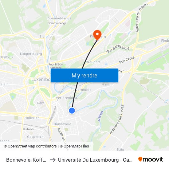 Bonnevoie, Kofferfabrick to Université Du Luxembourg - Campus Kirchberg map