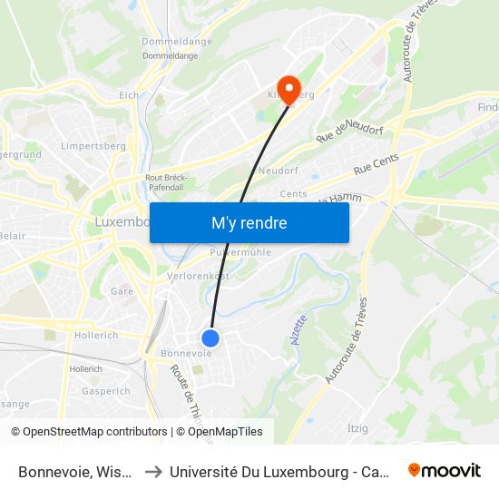 Bonnevoie, Wisestrooss to Université Du Luxembourg - Campus Kirchberg map