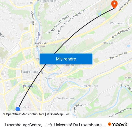 Luxembourg/Centre, Michel Rodange to Université Du Luxembourg - Campus Kirchberg map