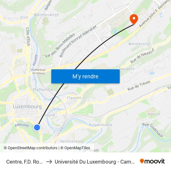 Centre, F.D. Roosevelt to Université Du Luxembourg - Campus Kirchberg map