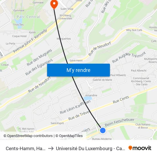 Cents-Hamm, Halte Cfl 1-2 to Université Du Luxembourg - Campus Kirchberg map