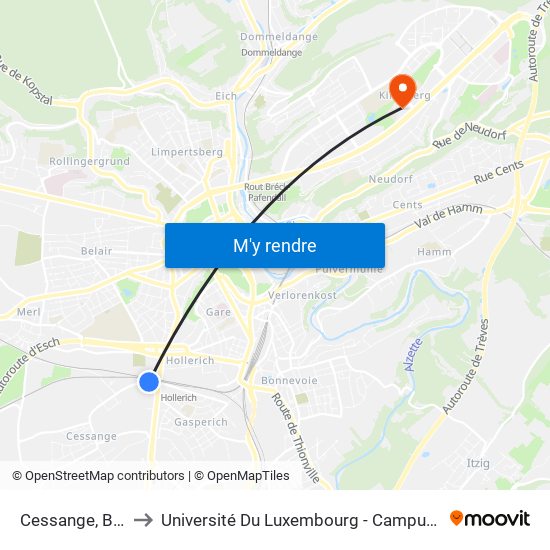 Cessange, Barrès to Université Du Luxembourg - Campus Kirchberg map