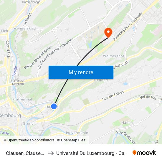 Clausen, Clausener Bréck to Université Du Luxembourg - Campus Kirchberg map