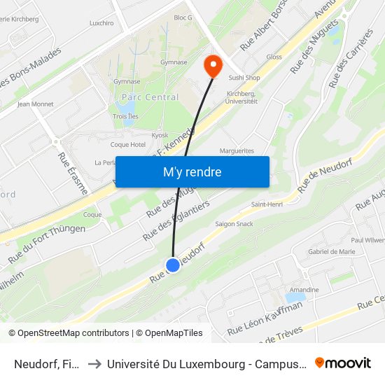 Neudorf, Fixmer to Université Du Luxembourg - Campus Kirchberg map