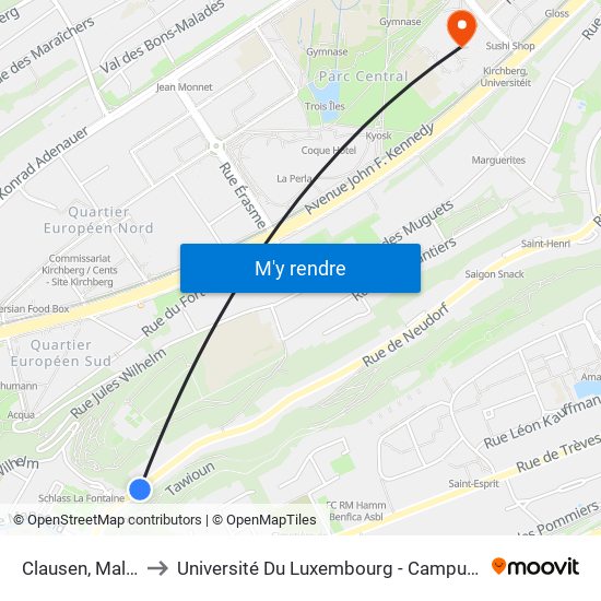 Clausen, Malakoff to Université Du Luxembourg - Campus Kirchberg map