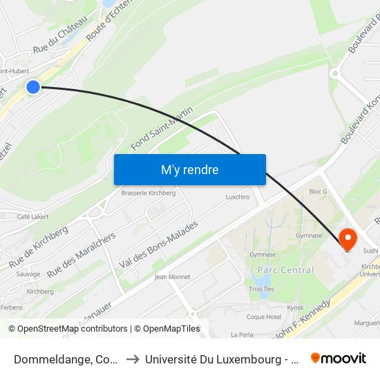 Dommeldange, Contournement to Université Du Luxembourg - Campus Kirchberg map