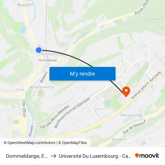 Dommeldange, Emile Metz to Université Du Luxembourg - Campus Kirchberg map