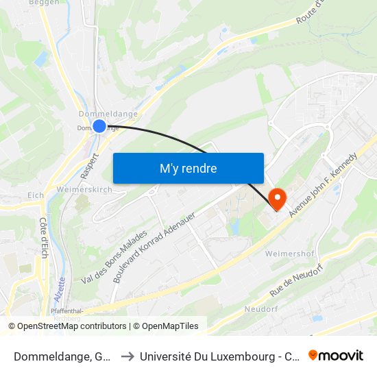 Dommeldange, Gare Routière to Université Du Luxembourg - Campus Kirchberg map