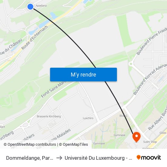 Dommeldange, Parc De L'Europe to Université Du Luxembourg - Campus Kirchberg map
