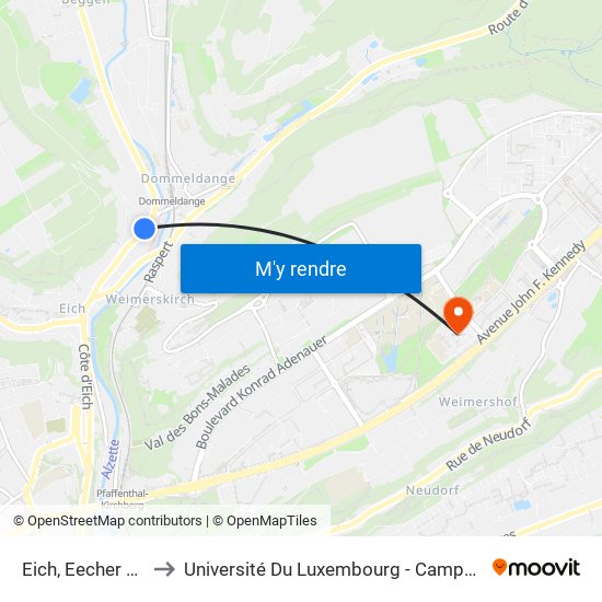 Eich, Eecher Klinick to Université Du Luxembourg - Campus Kirchberg map