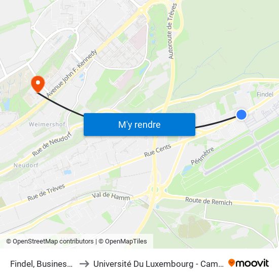 Findel, Business Center to Université Du Luxembourg - Campus Kirchberg map