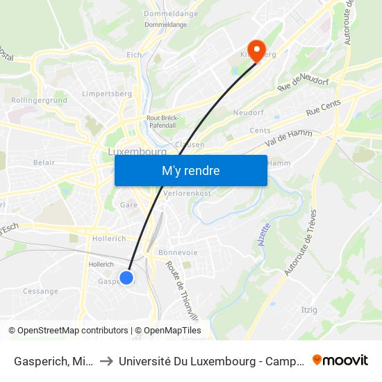 Gasperich, Millewee to Université Du Luxembourg - Campus Kirchberg map