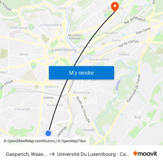 Gasperich, Waassertuerm to Université Du Luxembourg - Campus Kirchberg map