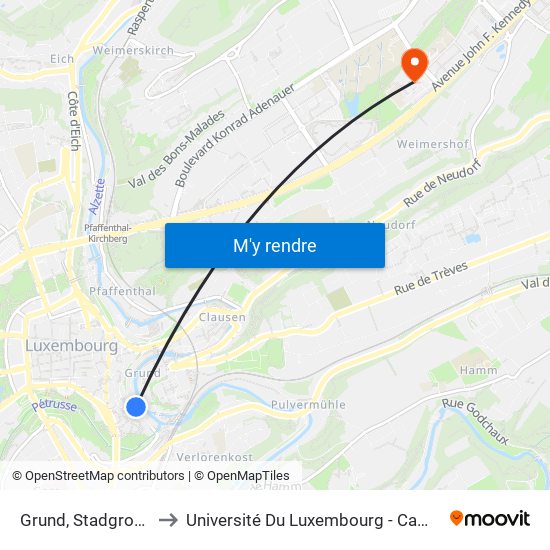 Grund, Stadgronn-Bréck to Université Du Luxembourg - Campus Kirchberg map