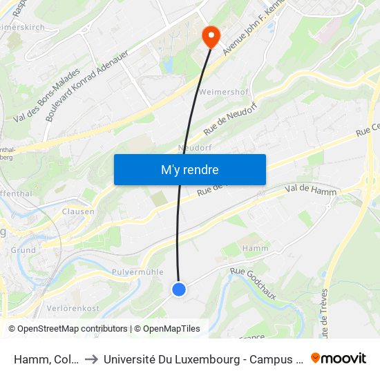 Hamm, Colonie to Université Du Luxembourg - Campus Kirchberg map