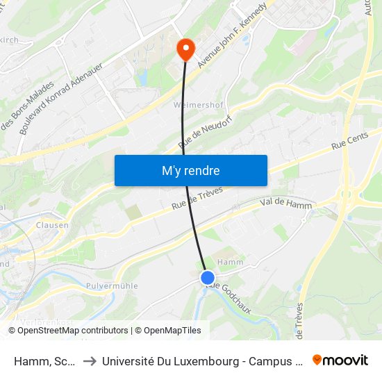 Hamm, Schoul to Université Du Luxembourg - Campus Kirchberg map