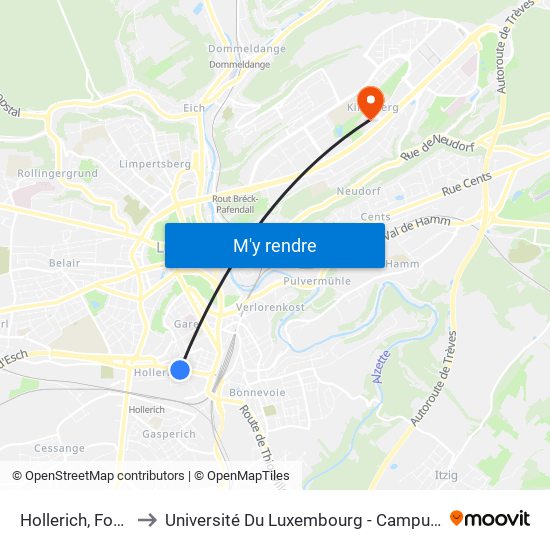 Hollerich, Fonderie to Université Du Luxembourg - Campus Kirchberg map