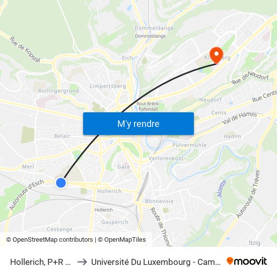 Hollerich, P+R Bouillon to Université Du Luxembourg - Campus Kirchberg map