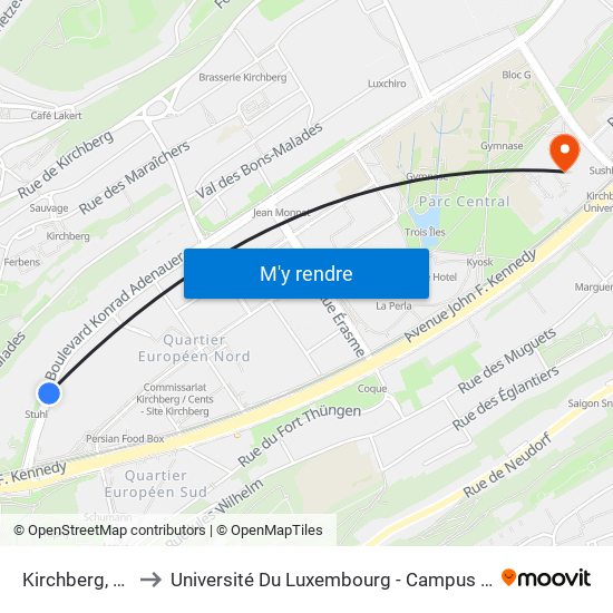 Kirchberg, B.E.I. to Université Du Luxembourg - Campus Kirchberg map