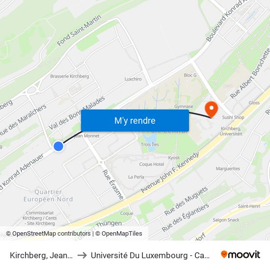 Kirchberg, Jean Monnet to Université Du Luxembourg - Campus Kirchberg map