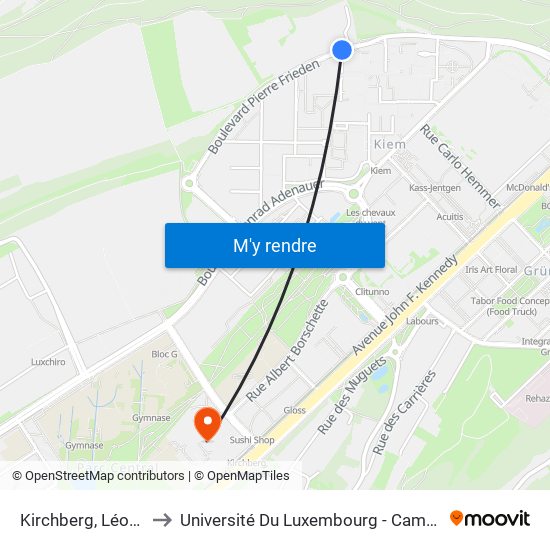 Kirchberg, Léon Thyes to Université Du Luxembourg - Campus Kirchberg map