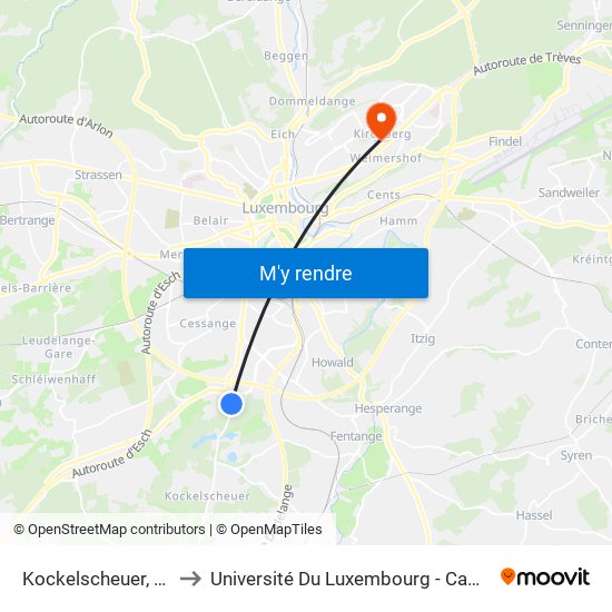 Kockelscheuer, Camping to Université Du Luxembourg - Campus Kirchberg map