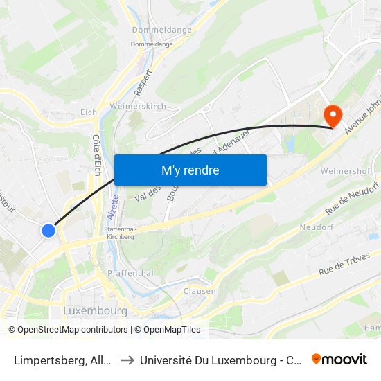 Limpertsberg, Allée Scheffer to Université Du Luxembourg - Campus Kirchberg map