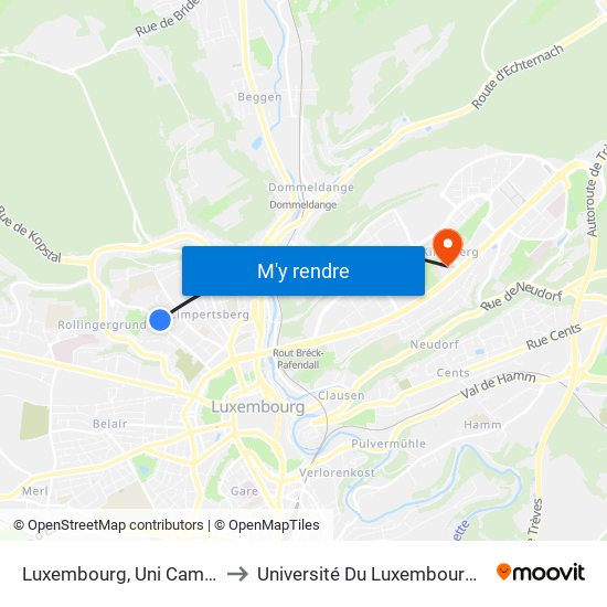 Luxembourg, Uni Campus Limpertsberg to Université Du Luxembourg - Campus Kirchberg map