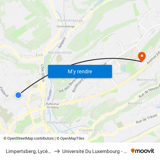 Limpertsberg, Lycée De Garçons to Université Du Luxembourg - Campus Kirchberg map