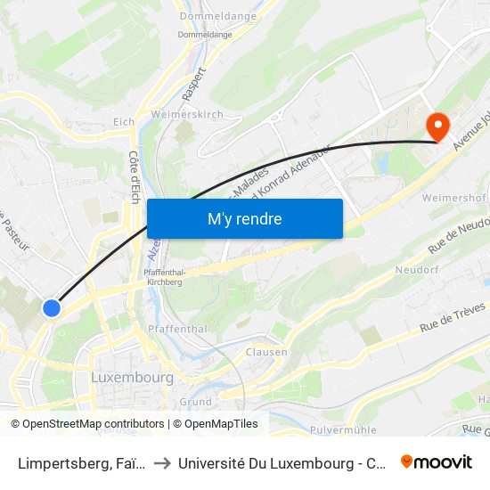 Limpertsberg, Faïencerie/Inl to Université Du Luxembourg - Campus Kirchberg map