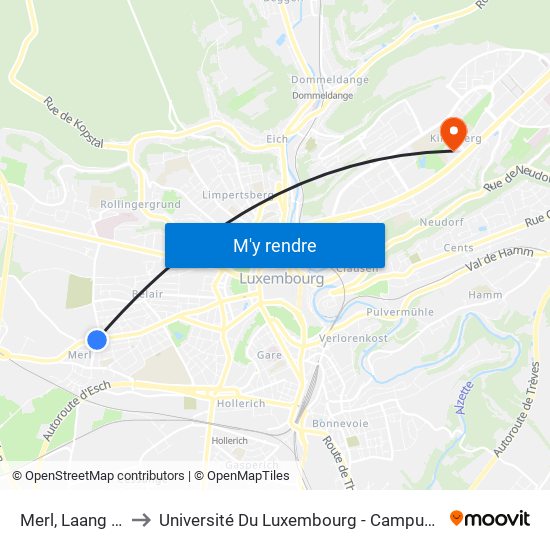 Merl, Laang Heck to Université Du Luxembourg - Campus Kirchberg map