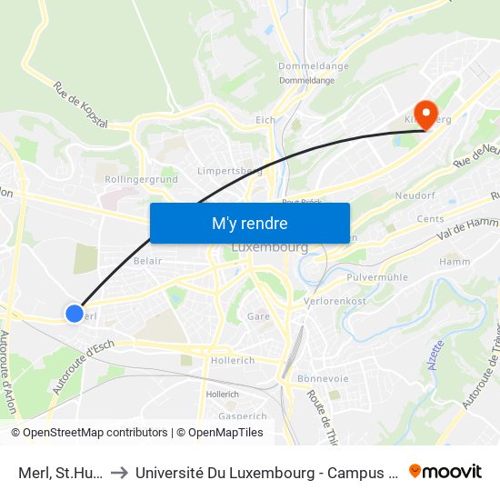 Merl, St.Hubert to Université Du Luxembourg - Campus Kirchberg map