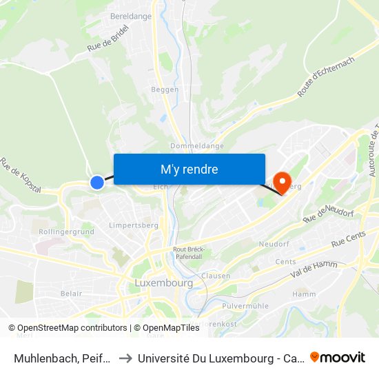 Muhlenbach, Peiffeschbierg to Université Du Luxembourg - Campus Kirchberg map