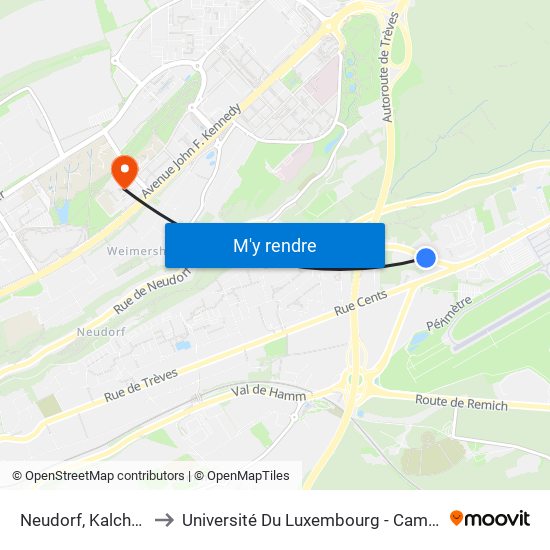 Neudorf, Kalchesbruck to Université Du Luxembourg - Campus Kirchberg map