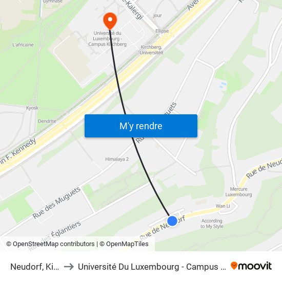 Neudorf, Kierch to Université Du Luxembourg - Campus Kirchberg map