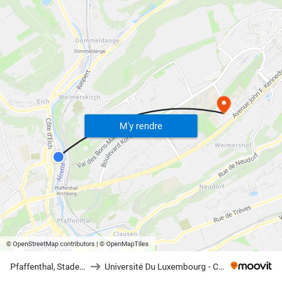 Pfaffenthal, Stade G. Diderich to Université Du Luxembourg - Campus Kirchberg map