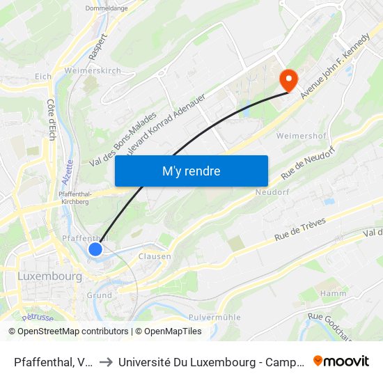 Pfaffenthal, Vauban to Université Du Luxembourg - Campus Kirchberg map