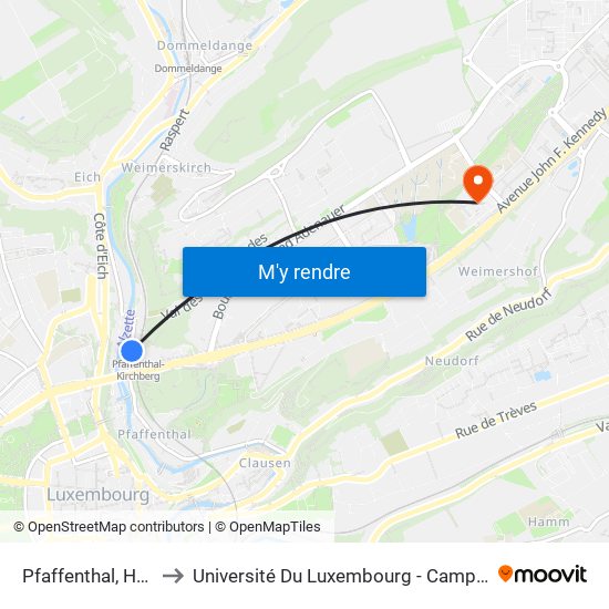 Pfaffenthal, Halte Cfl to Université Du Luxembourg - Campus Kirchberg map