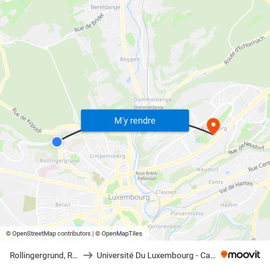 Rollingergrund, Roudebierg to Université Du Luxembourg - Campus Kirchberg map