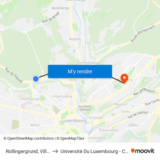 Rollingergrund, Villeroy & Boch to Université Du Luxembourg - Campus Kirchberg map