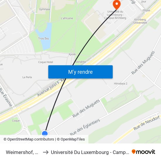 Weimershof, Bleuets to Université Du Luxembourg - Campus Kirchberg map