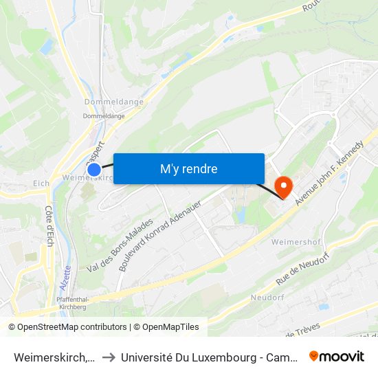 Weimerskirch, Knupp to Université Du Luxembourg - Campus Kirchberg map