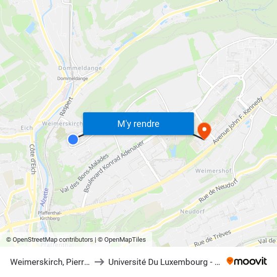 Weimerskirch, Pierre-Eloi Schoué to Université Du Luxembourg - Campus Kirchberg map