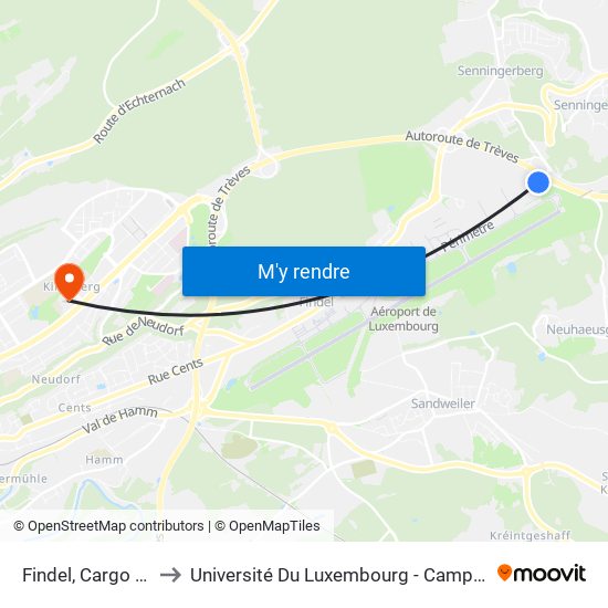 Findel, Cargo Center to Université Du Luxembourg - Campus Kirchberg map