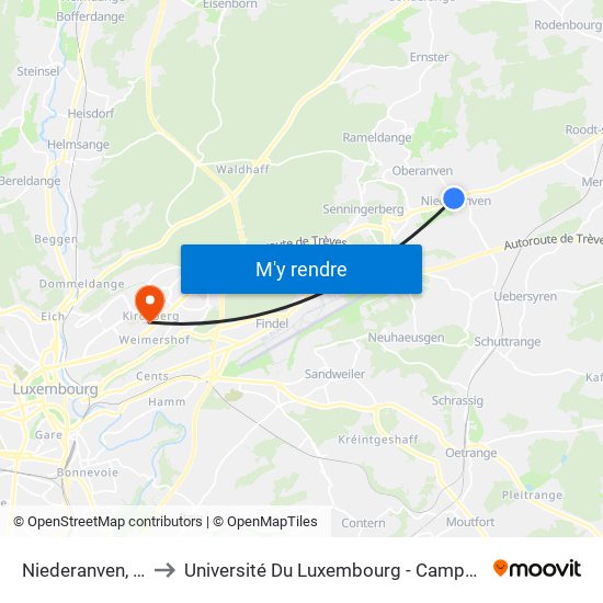 Niederanven, Laach to Université Du Luxembourg - Campus Kirchberg map