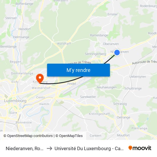 Niederanven, Routscheed to Université Du Luxembourg - Campus Kirchberg map
