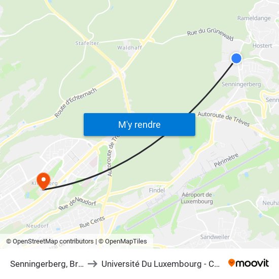 Senningerberg, Breedewues to Université Du Luxembourg - Campus Kirchberg map