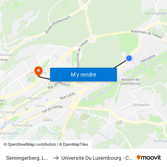 Senningerberg, Lou Hemmer to Université Du Luxembourg - Campus Kirchberg map